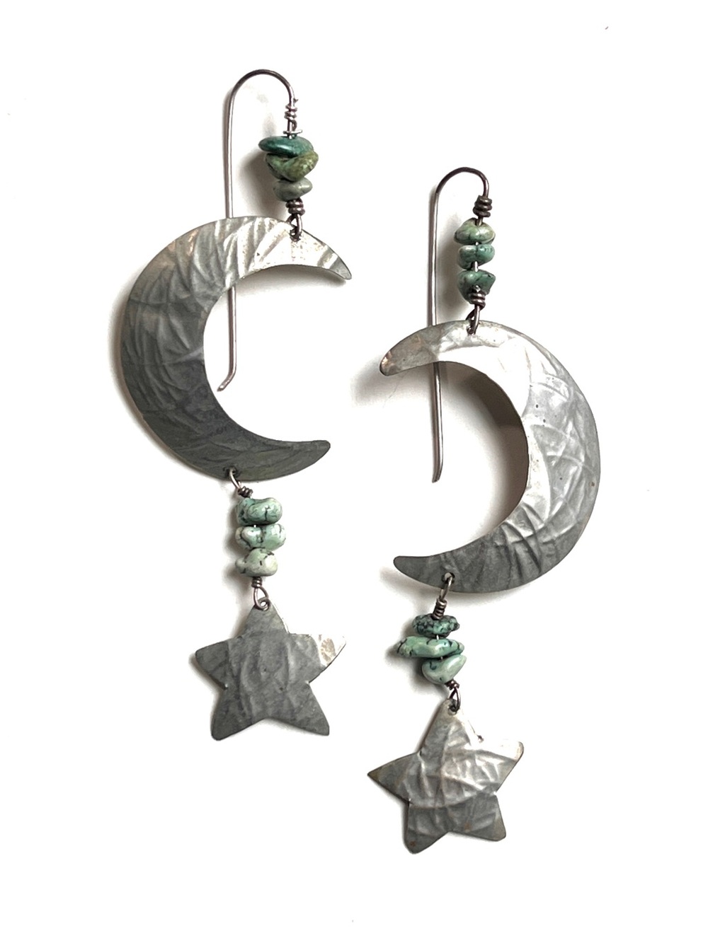 Vintage Silver Crescent & Star Dangle Boho Celestial Moon Earrings w Turquoise